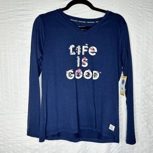 Life Is Good Sleep Shirt Womens Medium Blue NEW Logo Long Sleeve V Neck